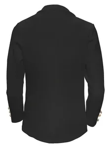 Back view of a classic black women's blazer featuring gold-toned buttons on the cuffs.