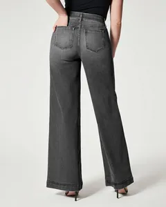 Detailed back view of high-stretch wide-leg washed denim jeans in a dark grey finish.