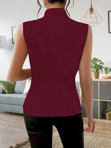 Back view of an elegant burgundy sleeveless vest for women featuring a high stand collar