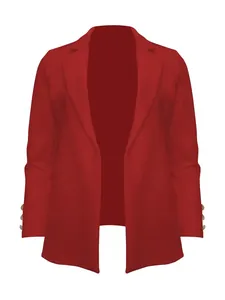 Elegant red long-sleeve women's blazer featuring a notched lapel and golden button cuffs