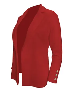 Close-up of red long sleeve blazer with triple metallic buttons on cuffs