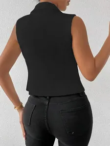 Back view of a chic women's slim fit black sleeveless waistcoat vest shown on a model