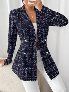 Detailed view of women's slim-fit tweed blazer with navy blue grid pattern and lapels