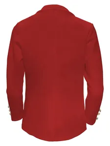 Back view of women's red long-sleeved blazer featuring three decorative gold sleeve buttons