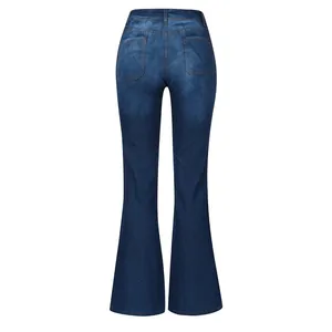Rückansicht von Damen Schlagjeans aus dunkelblau gewaschenem Denim mit hohen Bund Taschen