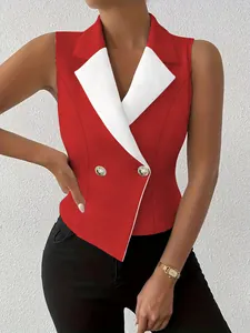 Close-up detail of the red and white double-breasted slim fit sleeveless blazer vest