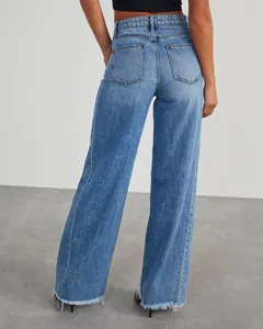 Back detail of light blue wide leg denim jeans featuring stylish raw hem edges.