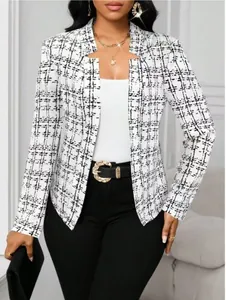Chaqueta americana de cuadros blanco y negro estilo Chanel para mujer, corte entallado chic
