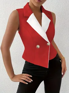 Detail of red and white double-breasted sleeveless blazer vest with gold buttons