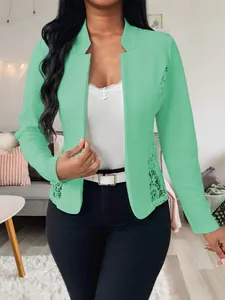 Elegant mint green slim-fit blazer with delicate lace splicing for women