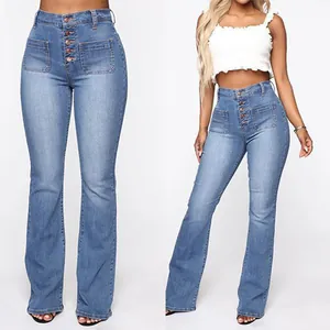 Detail view of high-waisted flare jeans featuring a button-up fly and patch pockets.