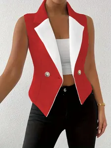 Slim fit red and white color-block sleeveless blazer vest with elegant notched lapels