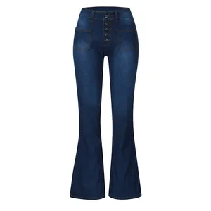 Damen High-Waist Schlagjeans mit Knopfleiste und aufgesetzten Taschen in Dunkelblau.