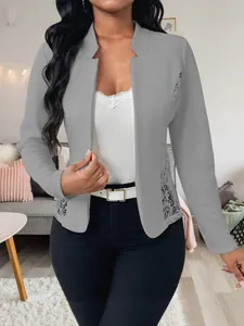 Elegant grey slim-fit blazer featuring stylish lace patchwork and long sleeves