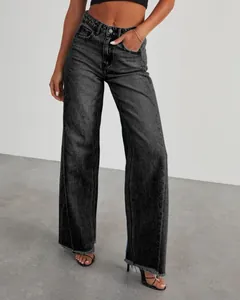 High-waisted wide-leg black denim jeans with frayed raw hem and side seam detail
