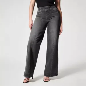 Washed charcoal grey high-waisted wide-leg denim jeans for women with seam details