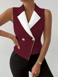Detail view of a slim-fit burgundy sleeveless waistcoat with white lapels and gold buttons