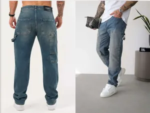 Back and front view of men's loose blue carpenter jeans with patchwork detailing