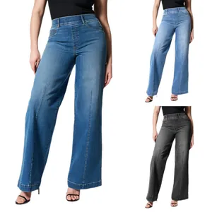 Women's high stretch elastic waist wide leg jeans in blue and grey washed denim