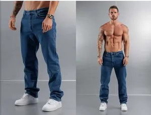 Close-up and full view of men's slim blue jeans in a regular fit casual style