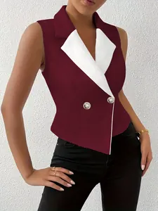 Slim fit sleeveless burgundy blazer vest with white lapel and gold buttons for women