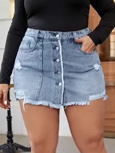 Dames Grote Maat Denim Minirok Hoge Taille Gescheurd Distressed Rafelige Zoom A-lijn Spijkerrok Katoenmix Spijkerrok