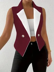 Front detail of a slim-fit burgundy color-block sleeveless blazer vest for women