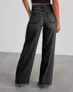Back view of high-waisted wide-leg denim jeans with frayed raw hem in washed black