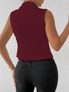 Detailed back view of a slim fit cropped burgundy sleeveless blazer vest for summer wear