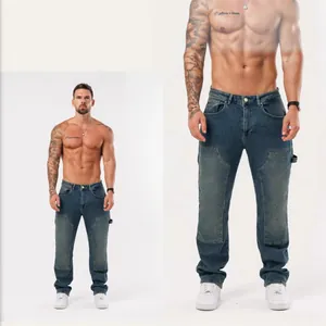 Men Patchwork Jeans Loose Fit Straight Leg Washed Streetwear Pants Casual Cargo Denim Trousers For Men Fashion