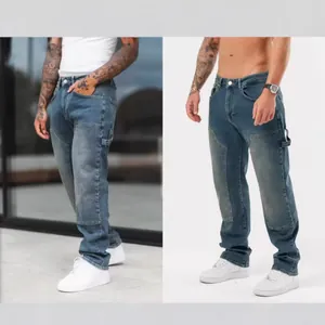 Stylish men's loose patchwork denim jeans in vintage blue wash for street style fashion