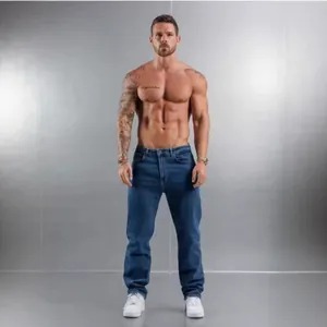 Men's slim fit blue jeans casual comfortable denim trousers with professional studio model