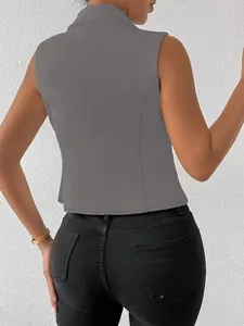 Detailed back view of a stylish grey slim fit sleeveless waistcoat for modern women