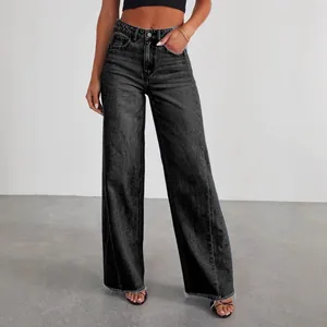 Stylish women's black wide-leg denim jeans with side-seam stitching and raw frayed hems