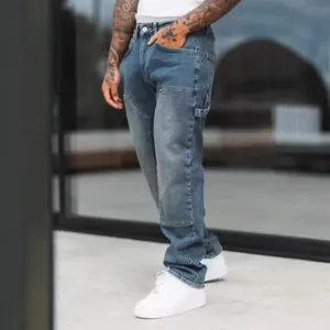 Men's stylish patchwork denim jeans in blue, relaxed loose fit streetwear urban fashion