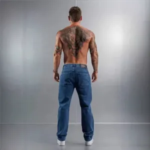 Men's stylish slim-fit blue denim jeans shown from a back view in a studio setting