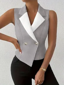 Close-up detail of a grey and white sleeveless slim-fit blazer vest with lapel and gold buttons