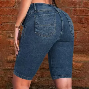 Short en Jean Ajusté à Taille Moyenne pour Femmes Décontracté Haute Élasticité Pantalon Capri Mi-Long Cousu Épissage Lavage à l'Eau Bleu