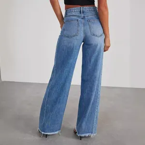 High-waisted women's wide-leg denim jeans featuring stylish frayed hem and raw edges