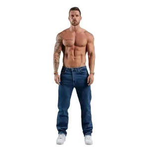 Classic regular fit blue denim jeans for men displayed on a clean white background