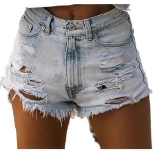 Stylish high-waisted distressed light blue denim shorts with frayed fringe and ripped details