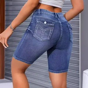 Short en Jean Brodé Ajusté pour Femme Taille Haute Élastique Bermuda Denim Lavé en Coton Mode Vêtements