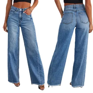 Women's wide leg denim jeans with side seam stitching and frayed hem in light blue