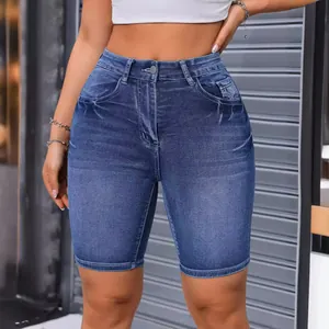 Short de cycliste en jean bleu moulant à taille haute avec détails brodés exquis