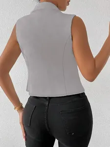 Detailed back view of a slim fit grey sleeveless lapel vest jacket for women