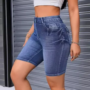 Short de cycliste en denim extensible pour femme, taille haute, bleu délavé