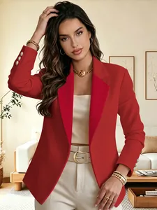 Elegant red long sleeve blazer with classic lapels and decorative three cuff buttons