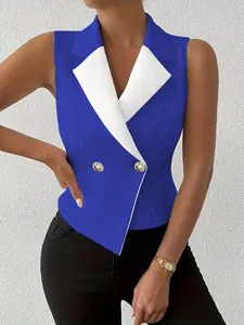 Close-up detail of a slim fit sleeveless blue blazer vest with white contrast lapels