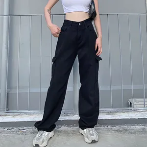 Pantalon cargo noir taille haute pour femme, coupe droite ample et poches utilitaires latérales