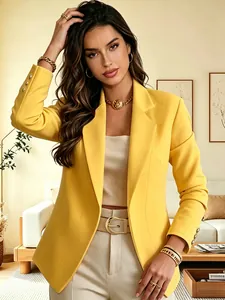 Detailed view of a stylish yellow blazer featuring structured lapels and gold buttons
